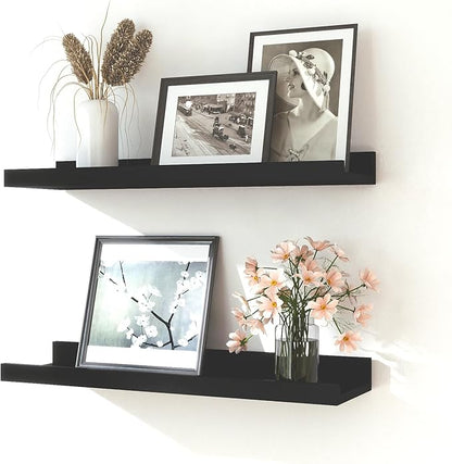 Black Floating Shelves for Wall Decor, Wall Mounted Wood Storage Shelf for Bedroom, Living Room, Bathroom, Kitchen, Nursery, Display Picture Ledge Shelf with Lip Set of 2-16 Inches, Black