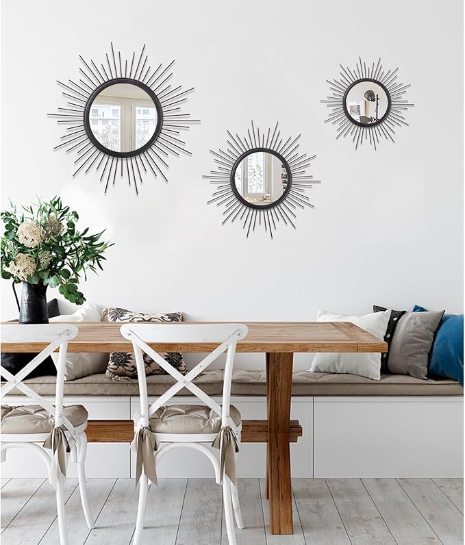 Sunburst Wall Mirror, Black Large Spoked Wall Decor Mirror Bohemian Home Round Modern Metal Wall Art Mirror for Living Room Hallway Bedroom Bathroom 24