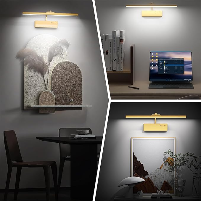 Picture Light, 15.35inch Picture Lights for Wall Rechargeable, Battery Wall Light Over Picture Frame, 3 Color Art Lighting for Paintings with Timer and Dimmable Artwork Display (Gold-2PCS)