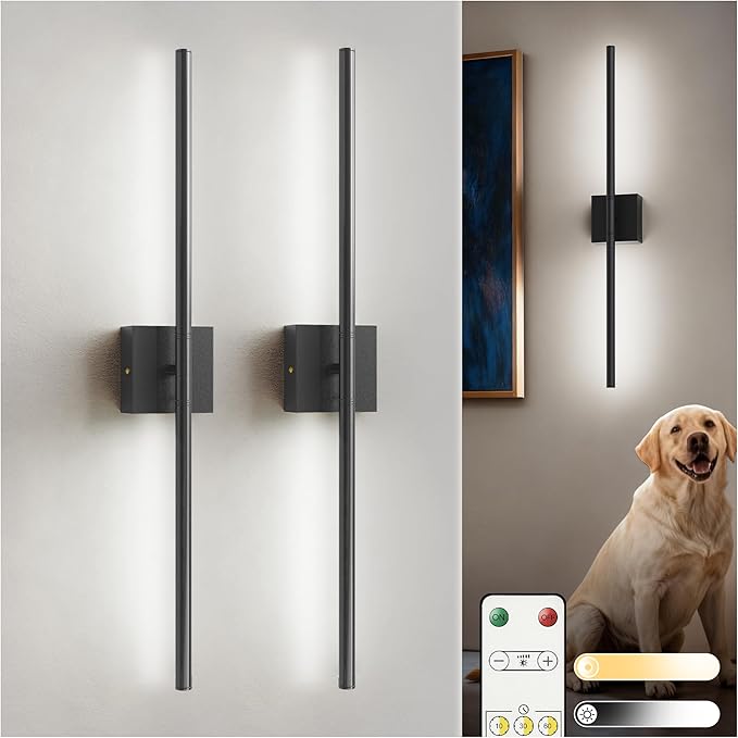 L LOHAS LED Battery Operated Wall Sconces Set of 2, Battery Wall Sconce 10000mAh, Black Rechargeable Sconces 6000K, 28.3 Inch Wireless Wall Lights, Sconce Wall Decor for Bedroom, Living Room