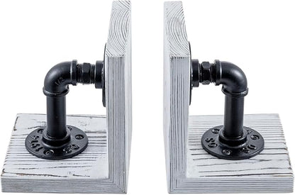 MyGift Decorative Bookends, Office Book Ends for Shelves, Book Holder L-Shaped Stand Desktop, Whitewashed Solid Wood with Realistic Industrial Pipe Design