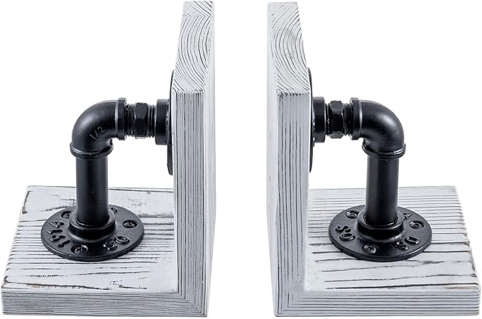 MyGift Decorative Bookends, Office Book Ends for Shelves, Book Holder L-Shaped Stand Desktop, Whitewashed Solid Wood with Realistic Industrial Pipe Design