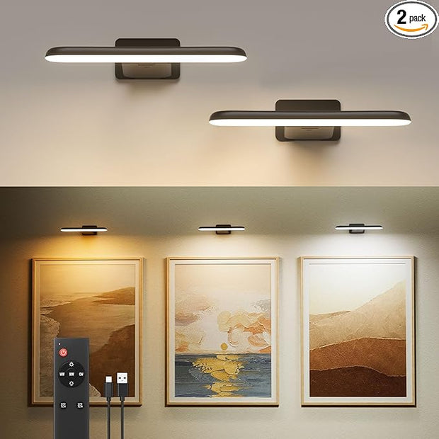 FULEN 2 Pack Picture Lights for Wall,Art Lights for Painting,Battery Operated Wall Sconce Rechargeable,LED Wall Light Cordless with Remote, Frame,Gallery,Dartboard Lights No-Drill,Black
