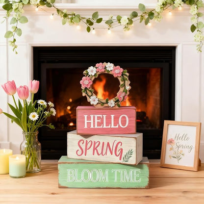 Spring Decoration Wooden Tiered Tray Decor – Rustic Hello Spring Bloom Time Stacked Block Sign with Floral Wreath Topper – Farmhouse Tabletop Spring Decor for Living Room Shelf Kitchen Coffee Bar Entryway Seasonal Home Display