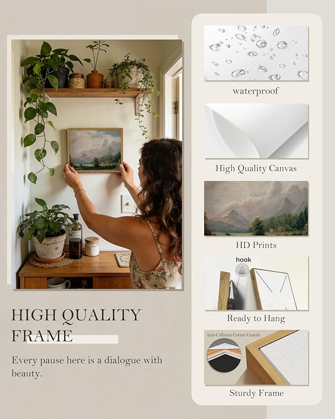 SHENIFY Vintage Landscape Framed Canvas Wall Art Retro Village Prints Modern Bathroom Kitchen Office Decor - 8x10in Natural Framed