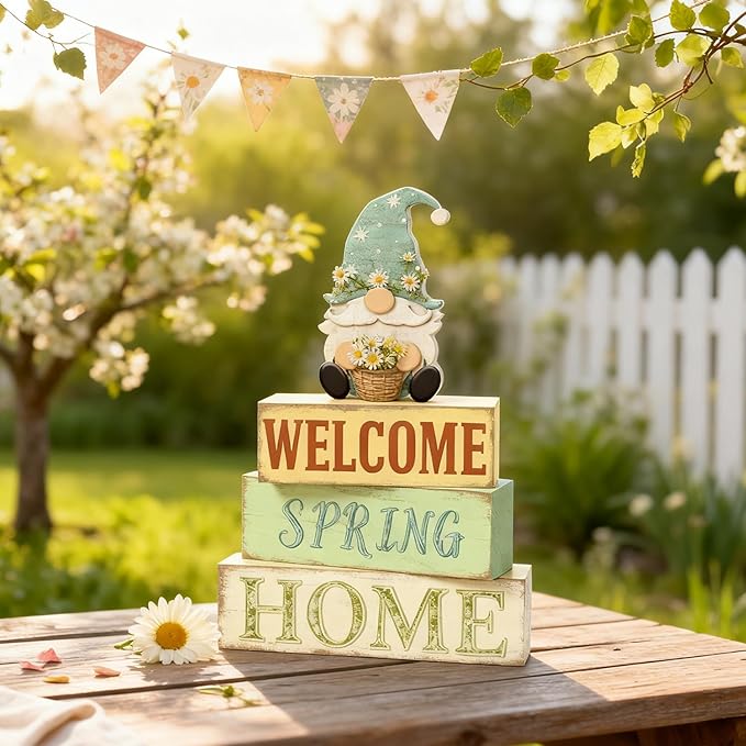 Spring Decoration Wooden Tiered Tray Decor – Rustic Welcome Spring Home Gnome Stacked Block Sign with Flower – Farmhouse Tabletop Spring Decor for Living Room Shelf Kitchen Coffee Bar Seasonal Home