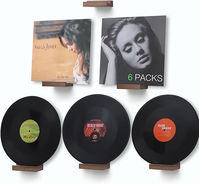 Wood Vinyl Record Shelf Wall Mount, Small Wall Record Holder Display Shelf, Vinyl Record Shelves Record Album Display Holder for LP, CD, Book Art Storage Vintage Home Decor (6, Light Walnut)