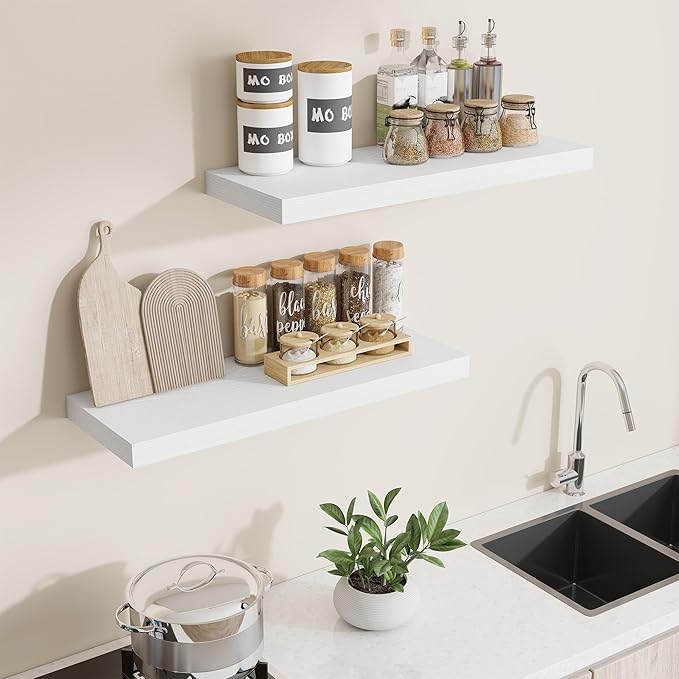 Dreamland 30 Inch Long Floating Shelves in White,8 Inch Deep Floating Shelf for Wall,Large Display & Storage Shelf, Wall Shelf for Bathroom Bedroom Living Room Kitchen Office，Set of 2