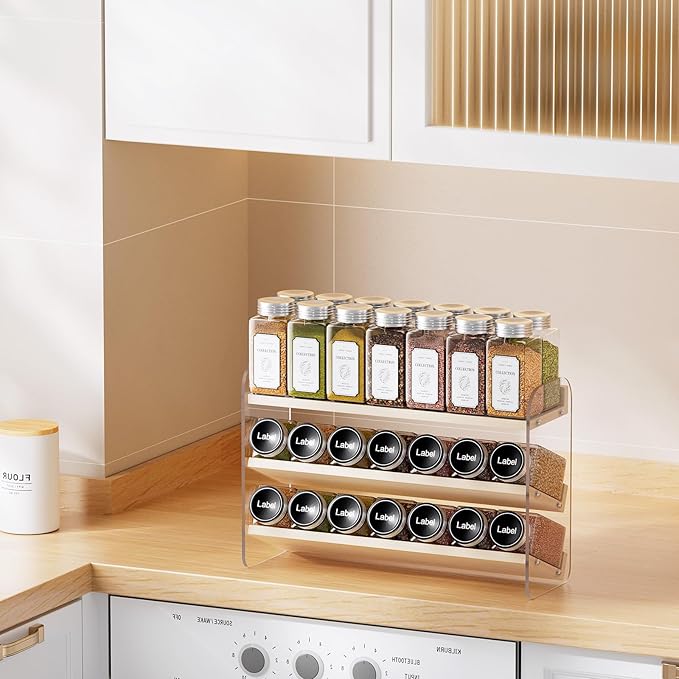 MUDEELA Clear Spice Rack Organizer for Cabinet, 3 Tiered Vertical Spice Shelf, Wooden Seasoning Organizer for Countertop, Kitchen, Pantry, Freestanding, 13.3