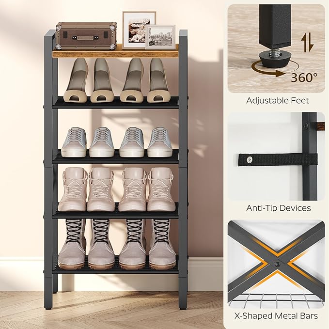 5-Tier Narrow Shoe Rack, Tall Shoe Rack for 5-10 Pairs, Slim Shoe Storage Organizer with Wooden Top, Space Saving, Metal Frame, for Entryway, Rustic Brown and Black SS65BR