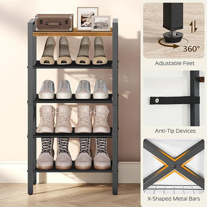5-Tier Narrow Shoe Rack, Tall Shoe Rack for 5-10 Pairs, Slim Shoe Storage Organizer with Wooden Top, Space Saving, Metal Frame, for Entryway, Rustic Brown and Black SS65BR