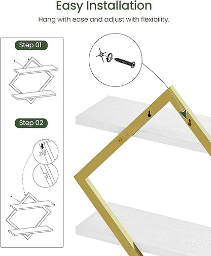 Floating Shelves for Wall, Set of 2 Wall Mounted Shelves, 2-Tier Hanging Shelves, for Living Room, Bedroom, Kitchen, Office, Study, Gold and White TBJ01P2JW