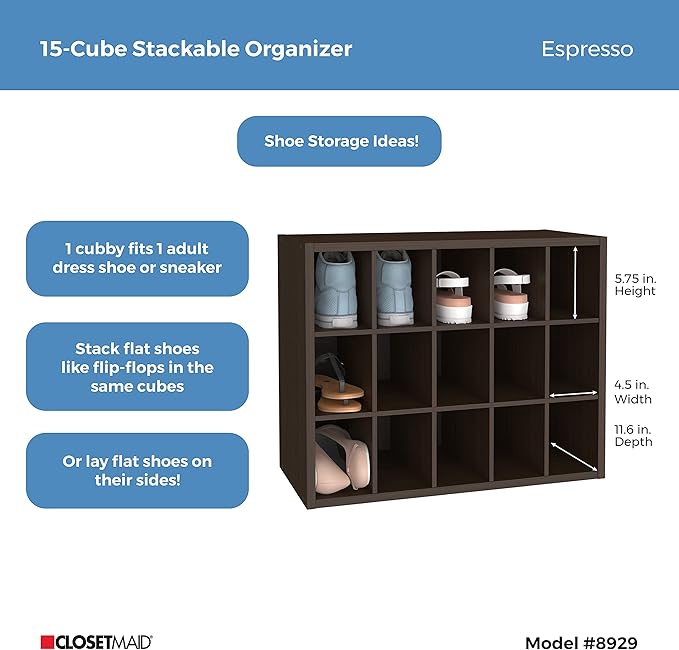 ClosetMaid 15 Cube Stackable Storage Organizer for Shoes, Bags, Crafts, Hobbies with Wood Shelves, for Closet, Entryway or Mudroom, Espresso