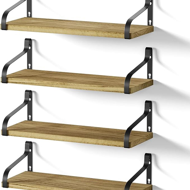 Love-KANKEI Floating Shelves for Wall Set of 4, 15.7 Inch Wood Wall Shelves with Bracket, Rustic Hanging Shelves for Bathroom, Bedroom, Kitchen, Living Room,Office Display Carbonized Black