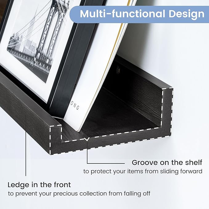 Picture Ledge Shelf Wall, 36 inch Solid Ash Wood Nursery Book Shelves 2 Packs, Floating Ledge Shelves for Kids' Room Bedroom Bathroom Living Room Photo Frames Office Nursey Wall Decor, Black