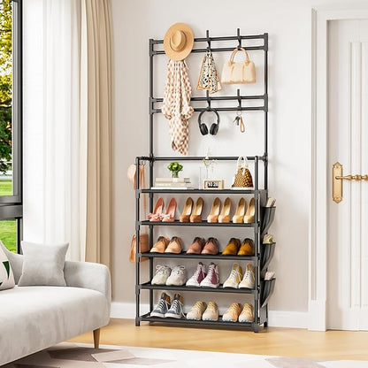 Shoe Rack 5 Tier Shoe Organizer Storage 15-20 Pairs Shoes Rack for Closet Entrance Shoe Rack Organizer with Hooks and Side Pocket Entryway Shoe Holder Space Saving Free Standing Shoe Racks