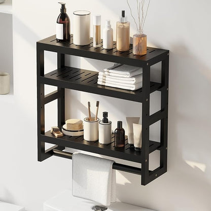 Bathroom Shelves with Hanging Bar Over Toilet Storage - Adjustable Wall Organizer (Black)