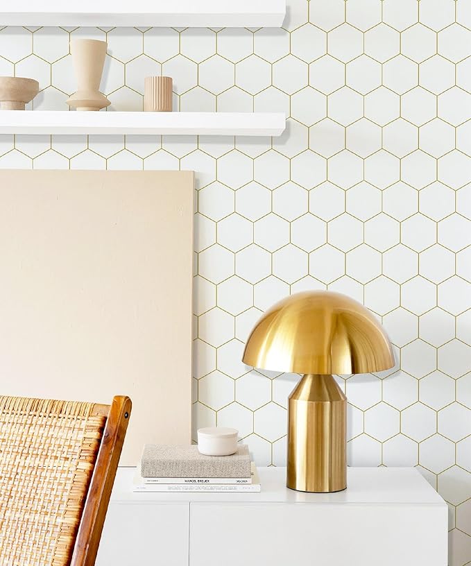 Peel and Stick Wallpaper Gold Geometric White Hexagon Wallpaper Contact Paper 17.3”×78.7”Self Adhesive Wallpapers Removable for Bedroom Decorative Shelf Drawer Liner Roll Waterproof