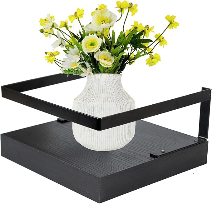 ARTORA Wall Mounted Plant Holder, Wooden Floating Shelf with Invisible Bracket Wall Mount Wood Rack Small Decorative Display Shelves with Gaurdrail for Bedroom Living Room Bathroom (Black,1 Pack)