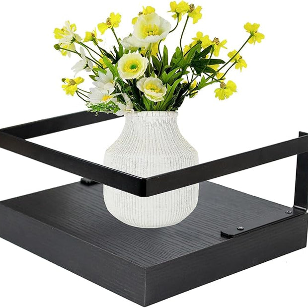 ARTORA Wall Mounted Plant Holder, Wooden Floating Shelf with Invisible Bracket Wall Mount Wood Rack Small Decorative Display Shelves with Gaurdrail for Bedroom Living Room Bathroom (Black,1 Pack)