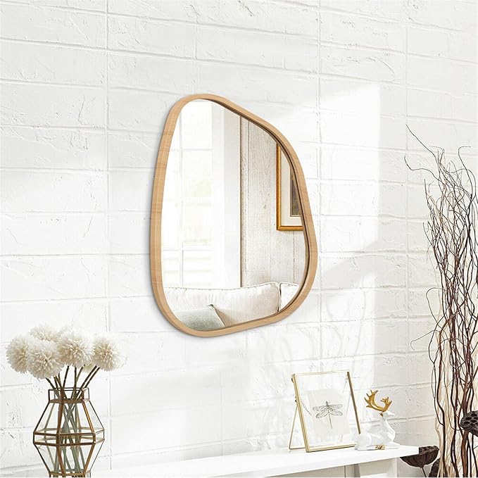 Irregular Bathroom Mirror Modern Wall Mirror Asymmetrical Wooden Framed Wall Mirror Unique Shape Wall Mounted Vanity Artistic Mirror Decor for Living Room Bedroom Entryway Small 16