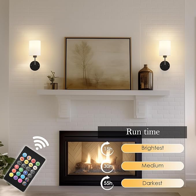 Battery Operated Wall Sconce Set of Two,Wireless Rechargeable Wall Light With Remote Control, Dimmable, 1800K/3000K/4000K/6000K/RGB, Timer, for Living Room, Bedroom, Fireplace, TV, 13.5 Inch, Black
