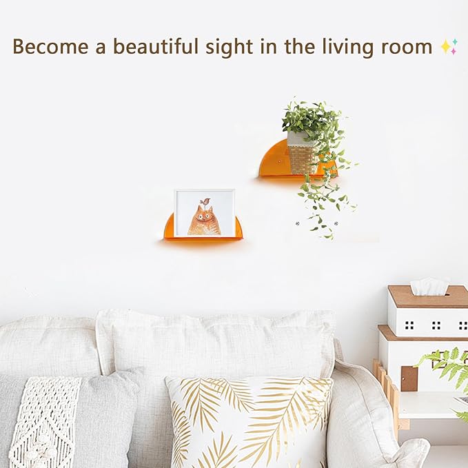 Lesnala 2Pcs Small Acrylic Shelves Floating Shelves for Wall Orange Wall Mounted Display Shelf with Stickers and Screws for Bathroom Bedroom Living Room Office Decor,7.9 Inch