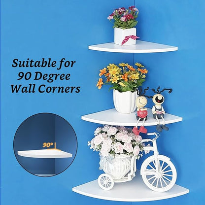 4 Pcs Floating Corner Shelf with Mounting Accessories, Wooden Round Corner Wall Shelves, Wall Mounted Corner Storage Shelf for Bathroom, Bedroom, Living Room (White)