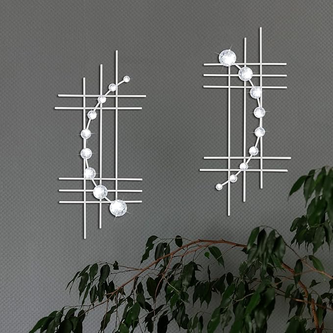 ZEXUIRU 2 Pack Silver Abstrac Wall Decor – Metal Crystal Wall Art with Sparkling Rhinestones, 16.5’’/24 Inch Wall Hanging Set for Living Room Bedroom Bathroom – Modern Bling Home Decorations
