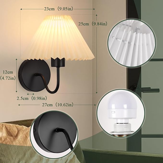 ADISUN Wall Sconces Sets of 2 RGB Battery Operated Wall Sconces for Bedroom Dresser Classic Black Wall Lamp with Remote for Living Room Bathroom Dining Room Corridor Staircase (2 Bulbs Included)
