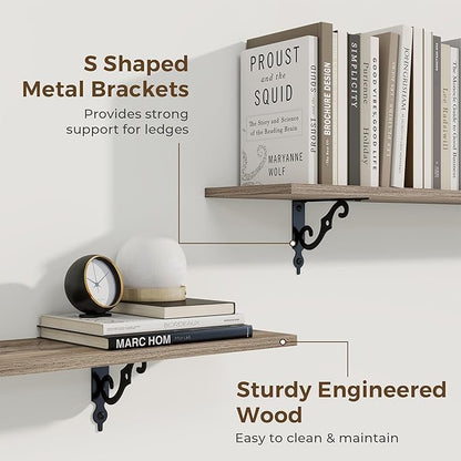 RICHFOCUS Floating Shelves for Wall Decor, 24Inch Shelves Set of 2, 24W x 8D Floating Shelves Wall Mounted with Metal Brackets, Rustic Wood Shelves for Living Room Bedroom Kitchen, Grey
