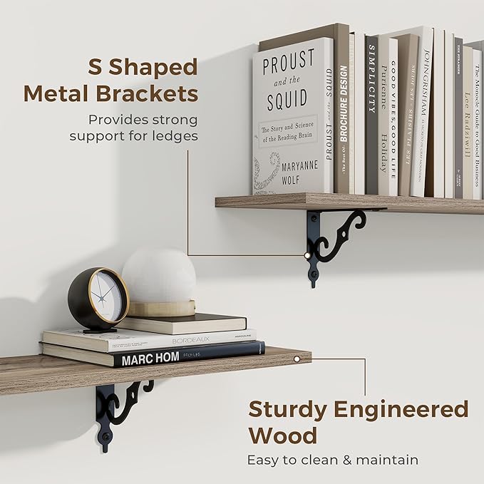 RICHFOCUS Floating Shelves for Wall Decor, 24Inch Shelves Set of 2, 24W x 8D Floating Shelves Wall Mounted with Metal Brackets, Rustic Wood Shelves for Living Room Bedroom Kitchen, Grey