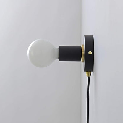 BRIGHTTIA Matte Black Plug-in Simple Ring Wall Sconce Light - Brushed Brass Color Accents - Modern Minimalist Lighting - Mid Century Industrial Exposed Bulb Wall Lamp - 16Ft Fabric Cord (BW0005-1BP)