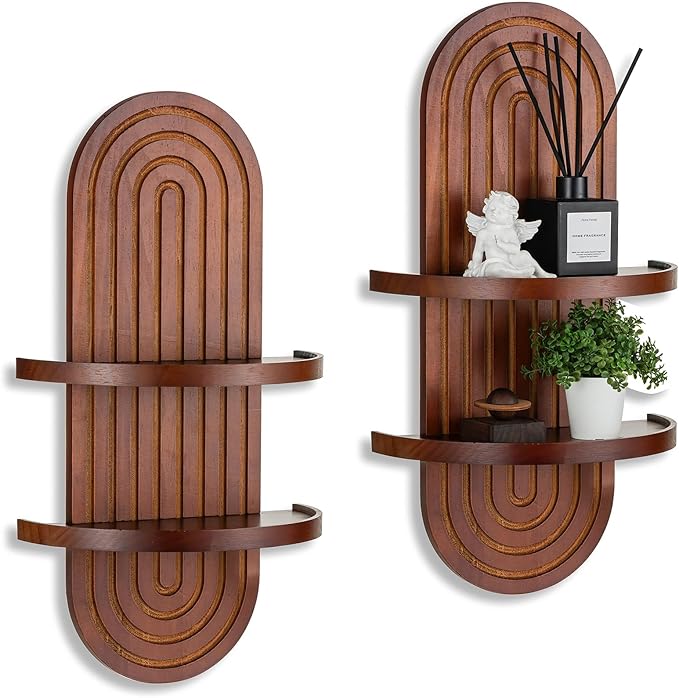 Mid Century Wall Shelves: Large 2-Tier Walnut Boho Floating Shelves Arched Modern Wall Decor for Bathroom Bedroom Living Room Entryway