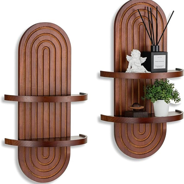 Mid Century Wall Shelves: Large 2-Tier Walnut Boho Floating Shelves Arched Modern Wall Decor for Bathroom Bedroom Living Room Entryway
