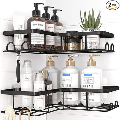 Corner Shower Caddy - 2 Pack, Adhesive Shower Organizers, Rustproof Stainless Steel Shower Shelves with 8 Hooks, No Drilling Bathroom Organizers and Storage Racks, Space-Saving, Black, Large