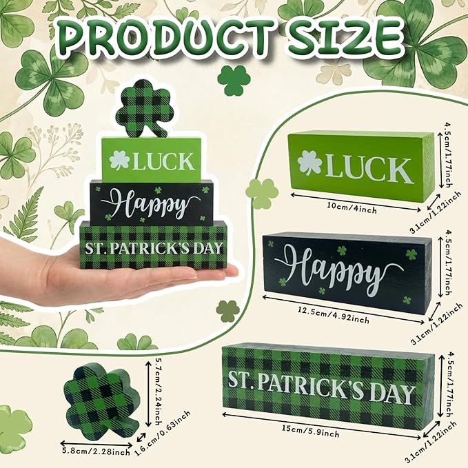 St. Patrick's Day Decorations, 4 Pcs Wooden St. Patrick's Day Table Decorations, Shamrock Tiered Tray Decor, Wooden Table Sign for Desk Shelf Mantel Centerpiece, Indoor Home Decor