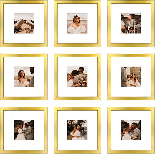 8x8 Picture Frame Set of 9, Display Pictures 4x4 with Mat or 8x8 without Mat, Multi Collage Gallery Square Photo Frames for Wall or Tabletop, Gold