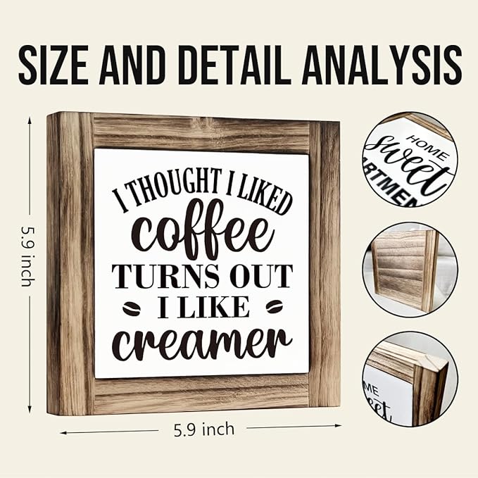 Coffee Decor, Box Sign Wood Desk Sign Decor, I Thought I Liked Coffee Turns Out I Like Creamer Sign, Rustic Farmhouse Coffee Bar Desk Shelf Sign for Kitchen Home