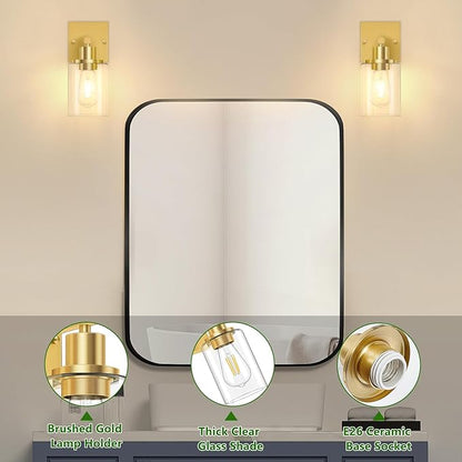 Licperron Gold Wall Sconces Set of 2, Bathroom Sconces Wall Lighting with Clear Glass Shade, Modern Brushed Glod Vanity Wall Light Fixtures for Bedroom, Mirror, Living Room, Hallway, E26 Base