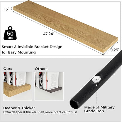 Floating Shelves for Wall 48"W x 9"D x 1.5"H, Long Engineered Wood Wall Shelves with Invisible Brackets for Living Room Bedroom Bathroom Office Kitchen Decor and Storage, Oak Finish, Set of 2