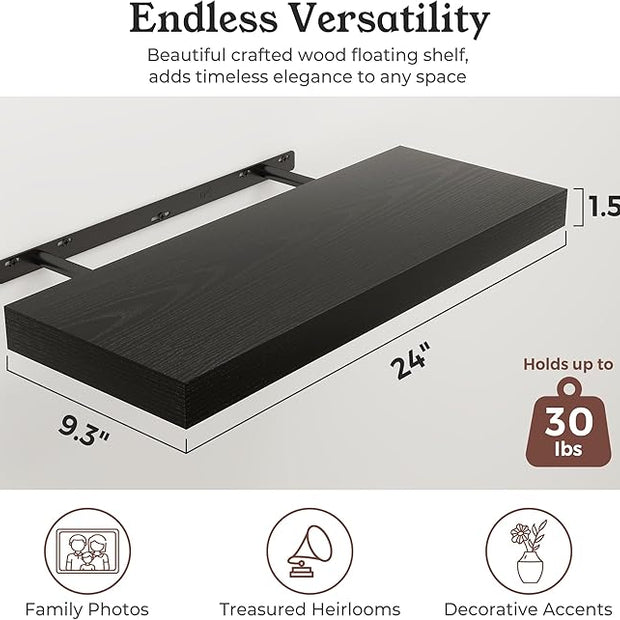 Floating Shelves for Wall, 9.3" Deep Wall Mounted Wood Shelves for Bathroom, Bedroom, Living Room, Kitchen, Hanging Shelf for Books/Storage/Room Decor (Black, 24")