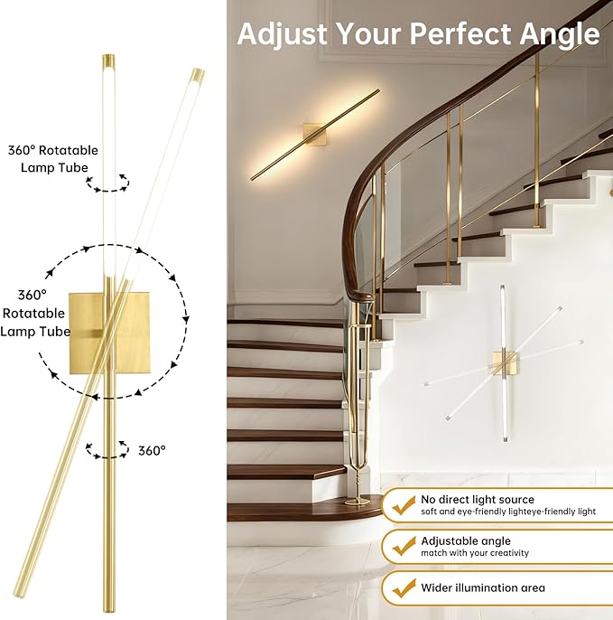 Battery Operated Wall Sconce Set of 2, 10400mAh Rechargeable Wall Sconces, 3000K-6000K Dimmable, 350°Rotate, Indoor Wall Lights for Bedroom Living Room Bathroom, Gold, 31.5 Inch