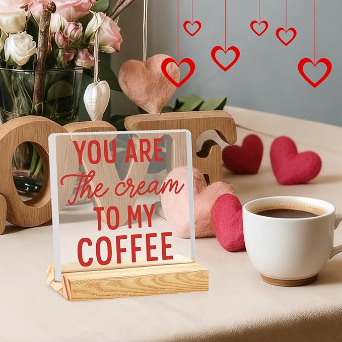 Valentines Coffee Desk Decor, Valentine's Day Gifts for Lover Bar Station, Valentine Home Office Table Sign for Kitchen Shelf Tiered Tray, Cafe Tabletop Decoration to Couples, Cream To My Coffee