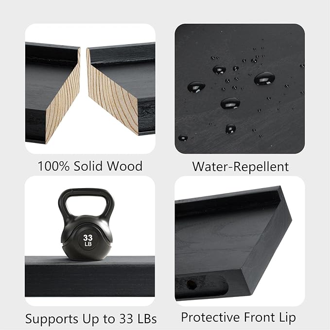 Floating Shelves with Invisible Brackets & Strip Lights, Protective Front Lip, Black Wood Wall Shelves Set of 3, Mounted Bookshelf, Bedroom, Bathroom, Living Room, Kitchen
