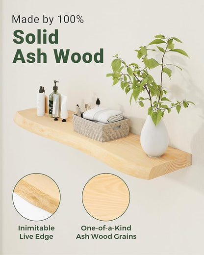 Axeman 36" Solid Wood Floating Shelves for Wall Decor, USA-Sourced Rustic Ash Wood Live Edge Shelf with Upgraded Heavy Invisible Bracket, Wall Mounted Shelf for Kitchen Bathroom Living Room, Natural