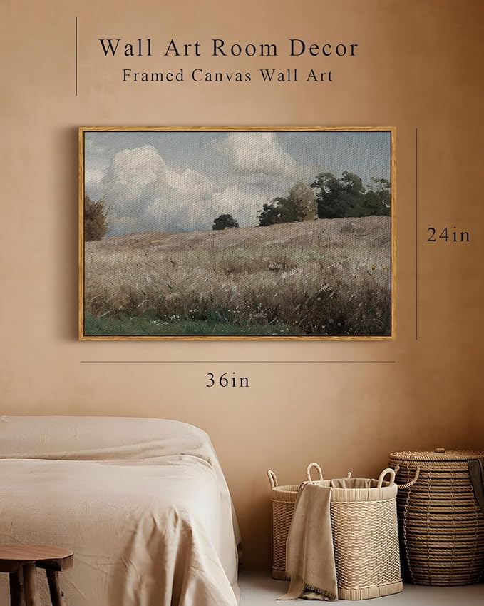 InSimSea Framed Canvas Wall Art Vintage Decor, Farmhouse Scenery Vast Field Grassland Paintings, Large Prints, Nature Landscape Wall Decoration for Living Room Bedroom Bathroom, 24