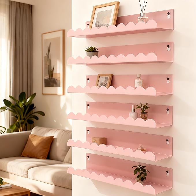 Nursery Book Shelves Set of 6, Pink Metal Floating Shelves for Wall, 16 Inch Scalloped Book Shelf for Kids Room, Bathroom, Bedroom, Playroom Wall Decor & Storage