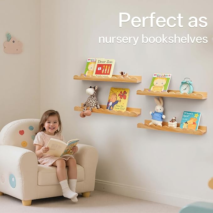 Scalloped Baby Book Shelf,Floating Shelves for Wall Set of 4 Natural Solid Pine Wood Nursery Bookshelves with Wave Lip for Bedroom Kids, Toddler Room, Baby Room, Nursery Decor(Natural,60cm)