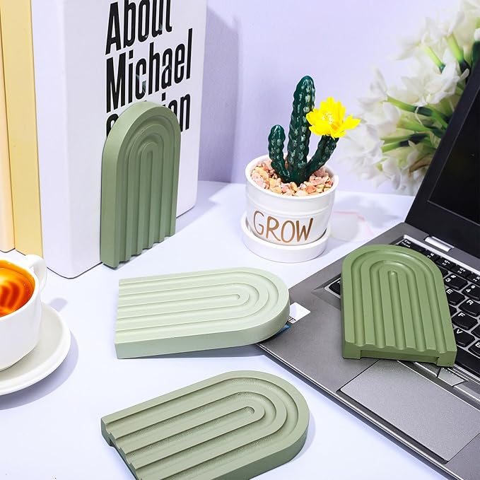 Whaline 4Pcs Boho Arch Wood Bookends Sage Green Rainbow Wooden Book Stands Decorative Non Skid Book Stoppers Study Cute Bookend for Back to School Heavy Books Home Office Library Kitchen (4 Colors)